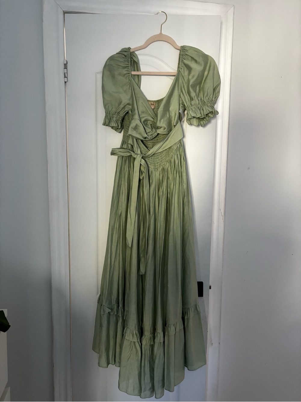 Light Green Puff Sleeve Wrap Maxi Dress